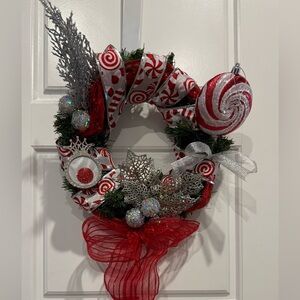 Handmade Christmas Wreath with Red and Silver Candy Cane Design